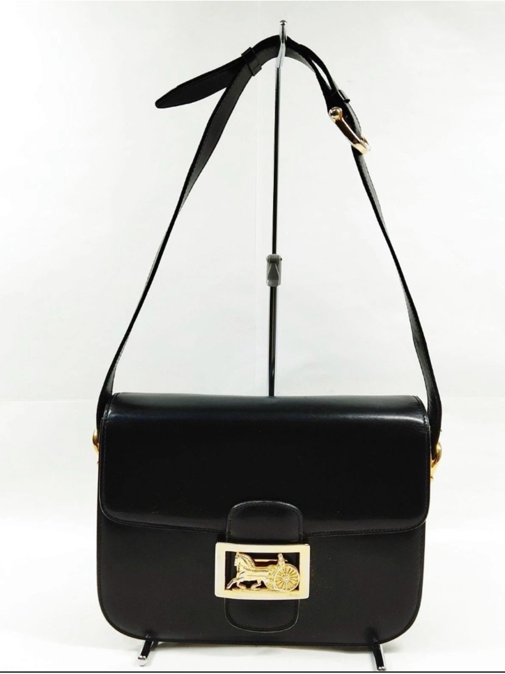 Celine Black Leather Shoulder Bag with Gold Horse-Drawn Carriage Hardware